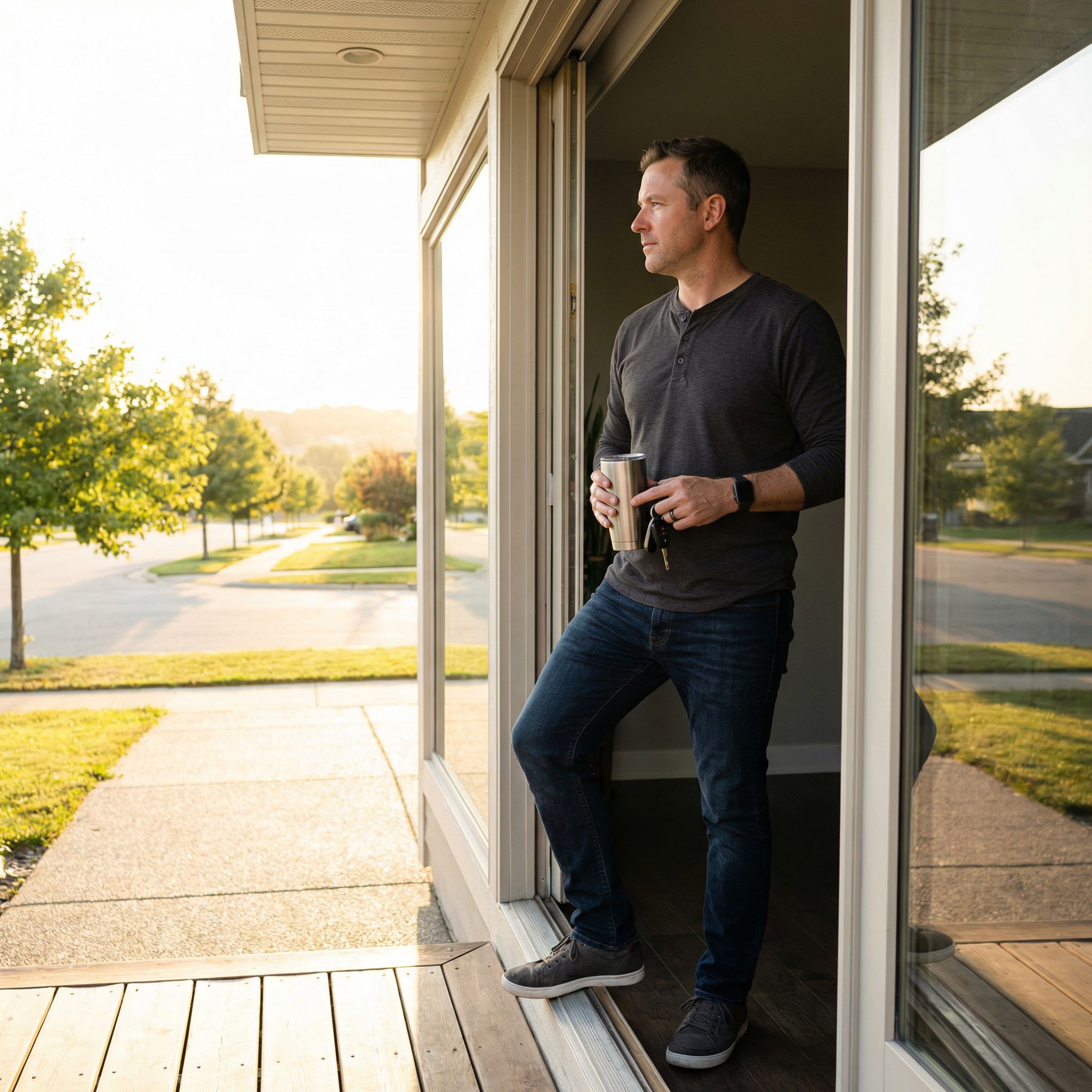 A man pausing in his doorway at sunrise, watching the morning street.